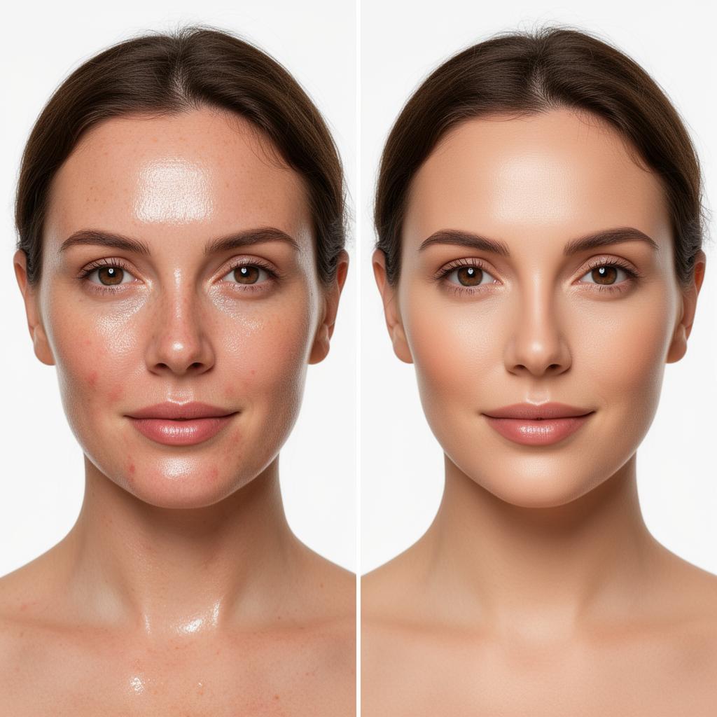 Woman — subtle redness correction and matte finish for camera