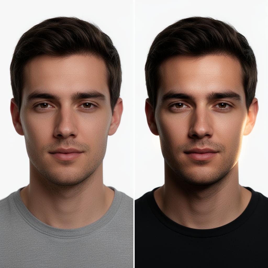 Man before and after using the Main Character Kit